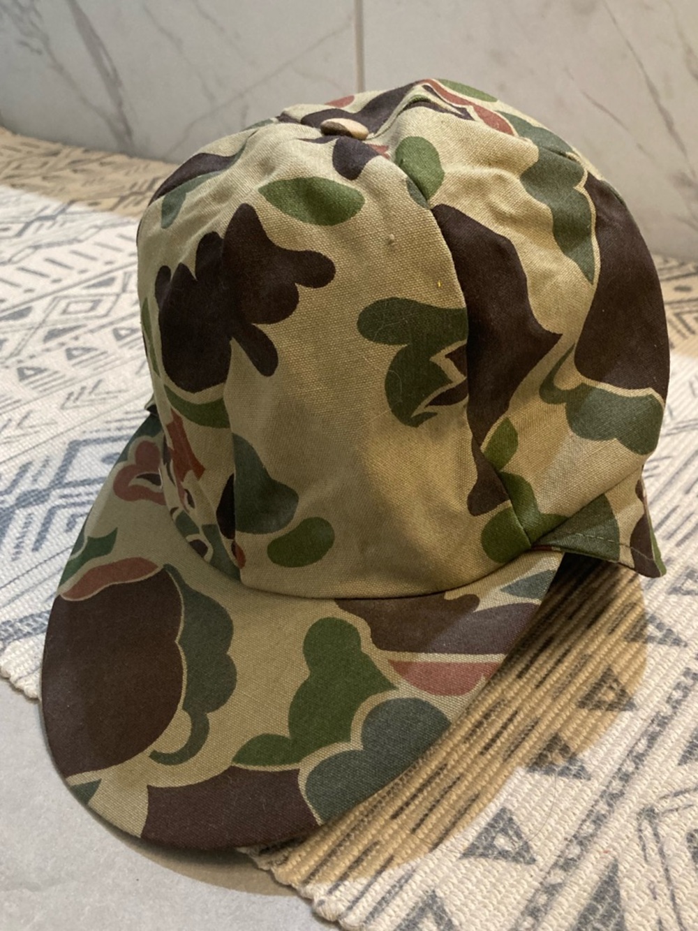 VTG Duxbak Brown Camo Canvas Flap Hat 7 1/4 Insulated Sportsman Hunting Trapping